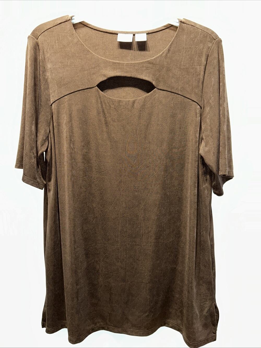 Chicos Travelers Shirt Womens Large Slinky Liquid Knit Dark Brown No Iron Travel